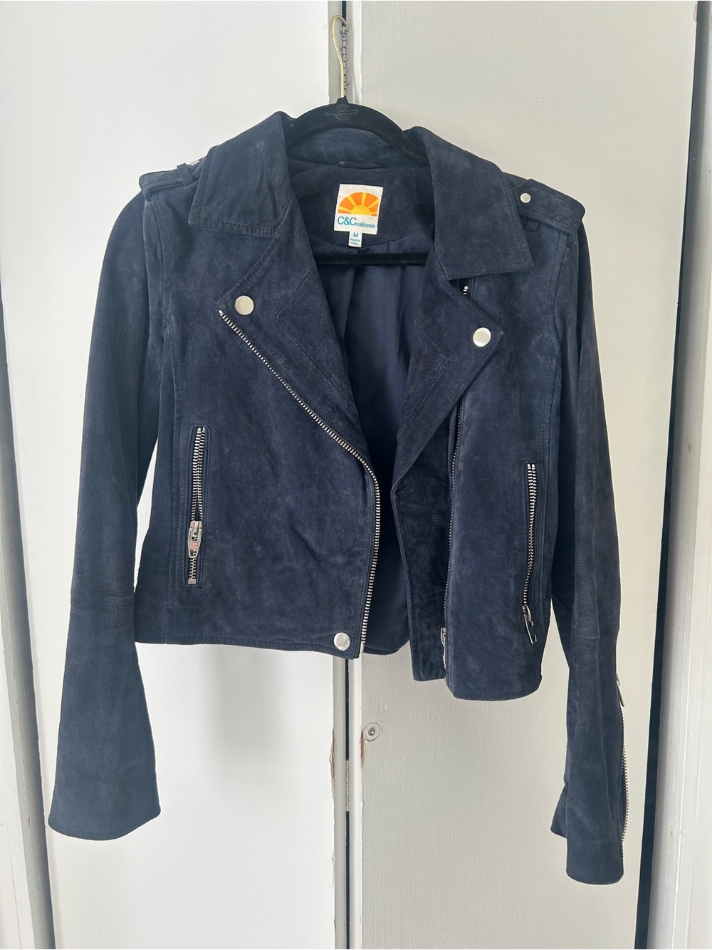 C&C California Navy Suede Moto Jacket with Silver Hardware